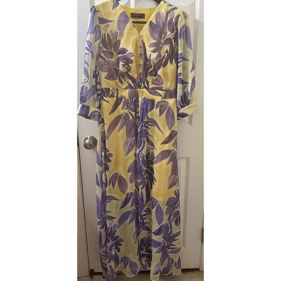 SVELTO STELLA  3/4 SLEEVE YELLOW PURPLE LEAVES PATTERN US SIZE 12 PEARLS - Picture 1 of 16